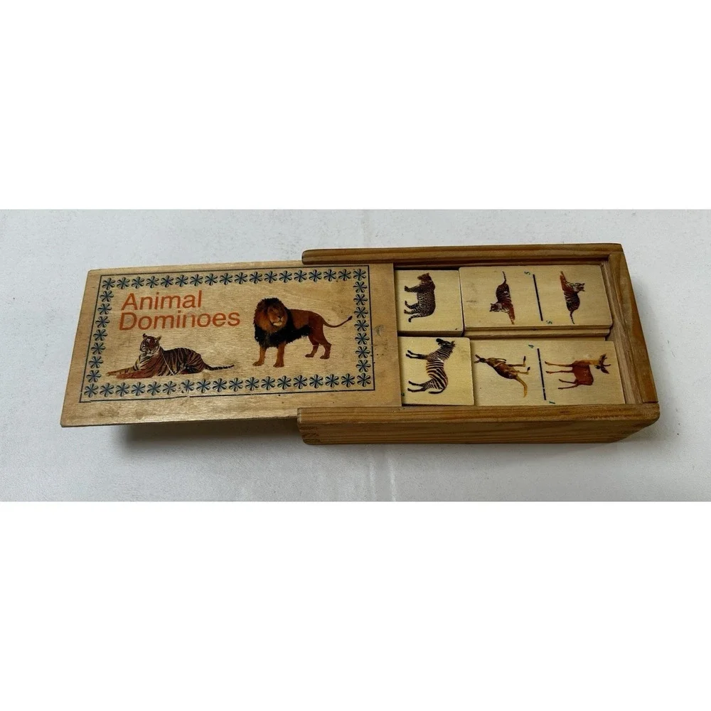 Vintage Wooden African Animal Dominoes 27 Pieces With Wooden Box Case